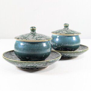 Set of 2 green crystal glaze Gaiwan teacup and saucers, signed handmade pottery